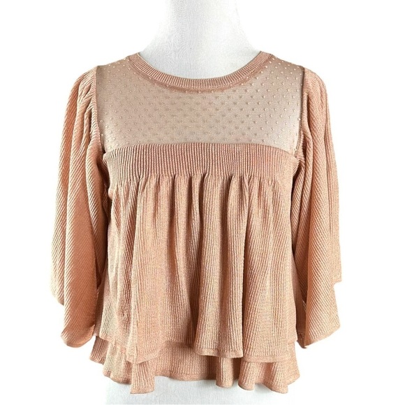 Zara Contrasting Ruffled Bell Sleeve Blush Nude Mesh Swiss Dot Top Blouse Small - Picture 1 of 15